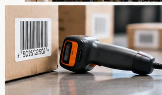 Stocktaking barcode scanner and labelled warehouse boxes