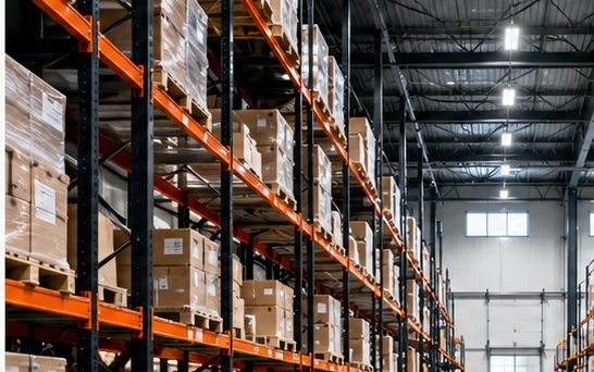 Organised shelves inside an industrial warehouse